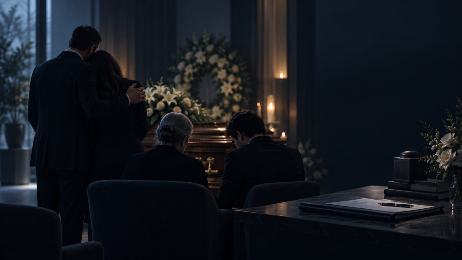 Família em velório diante de urna funerária, ilustrando os direitos do consumidor em funerária, cemitério e plano funerário